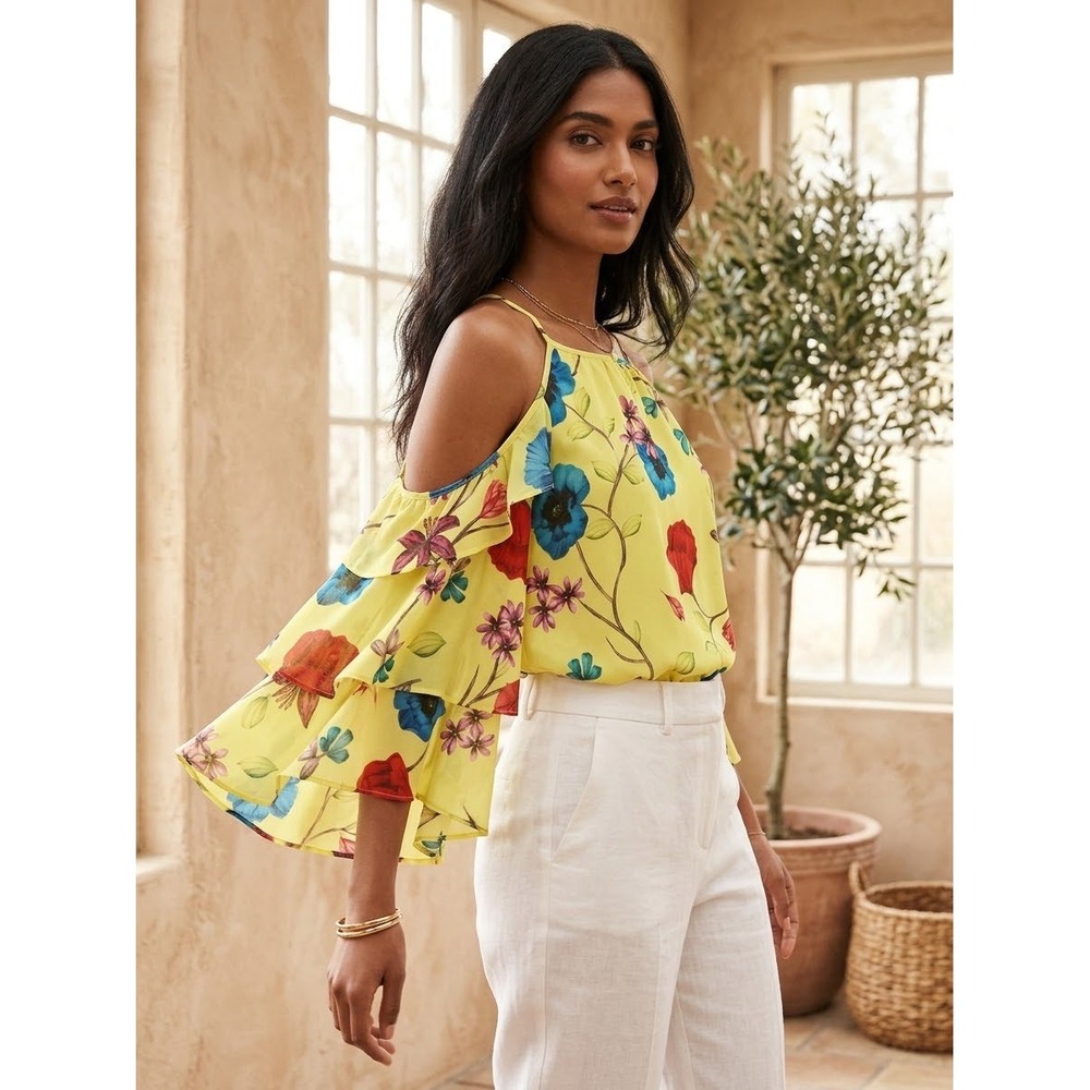 Parker Yellow Floral Cold Shoulder Ruffle Sleeve Blouse Size S